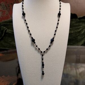 Vintage Handmade Silver Tone Wire And Black Crystal Drop Necklace